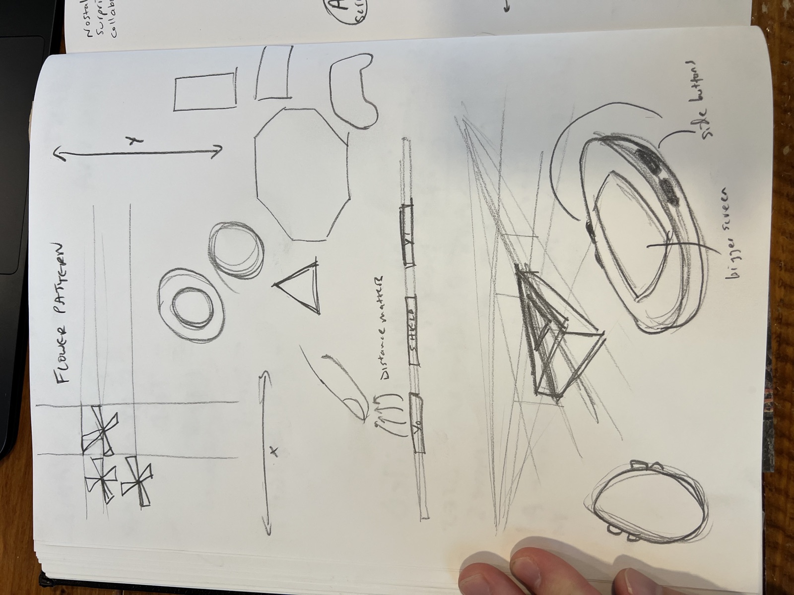 Pencil sketches for a conference badge — interaction designs in a field notebook