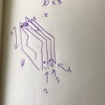 Hand-drawn notebook sketch in purple ink of eight stacked panels with numbered arrows and dimension annotations
