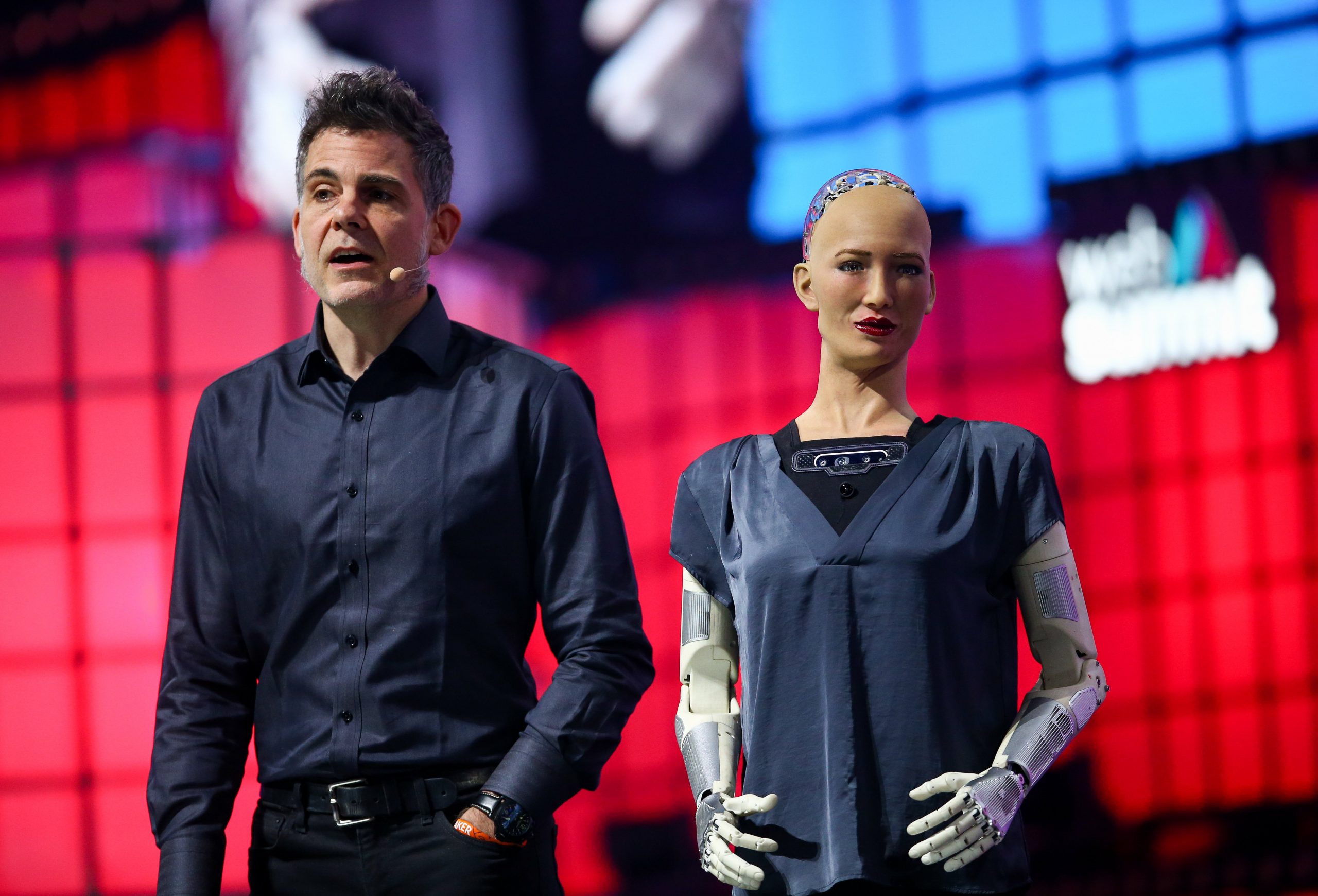 6 November 2019; Sophia The Robot, Robot, Hanson Robotics, right, and David Hanson, Founder, Hanson Robotics Ltd.,
 on Centre Stage during day two of Web Summit 2019 at the Altice Arena in Lisbon, Portugal. Photo by Vaughn Ridley/Web Summit via Sportsfile