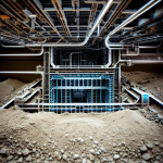 AI-generated dig site cutting through rubble into layers of industrial piping and glowing blue machinery beneath