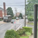 Rainy Lexington, Virginia street seen from a window — the neighborhood where the Meshtastic repeater range test happened