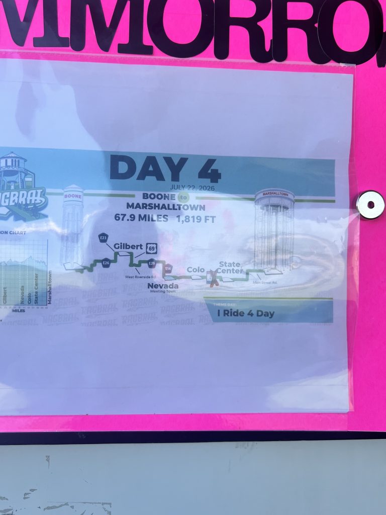 Tomorrow's board: Boone to Marshalltown, 67.9 miles.