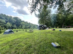 Camp outside Dyersville: eight miles from town, zero bars of cell service, one Starlink.