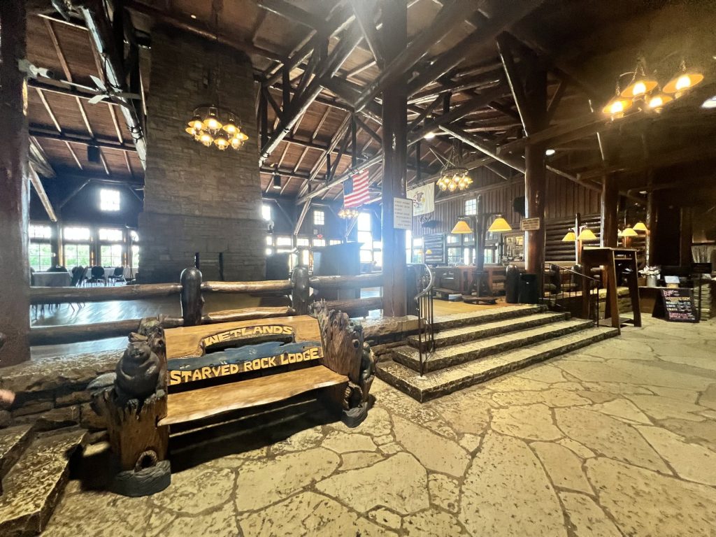 The Great Hall at Starved Rock Lodge — CCC stonework and timber, 1933–1939