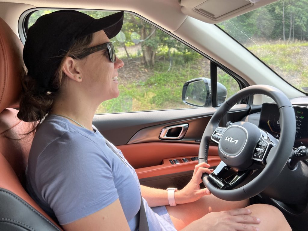 Sarah taking her shift at the wheel