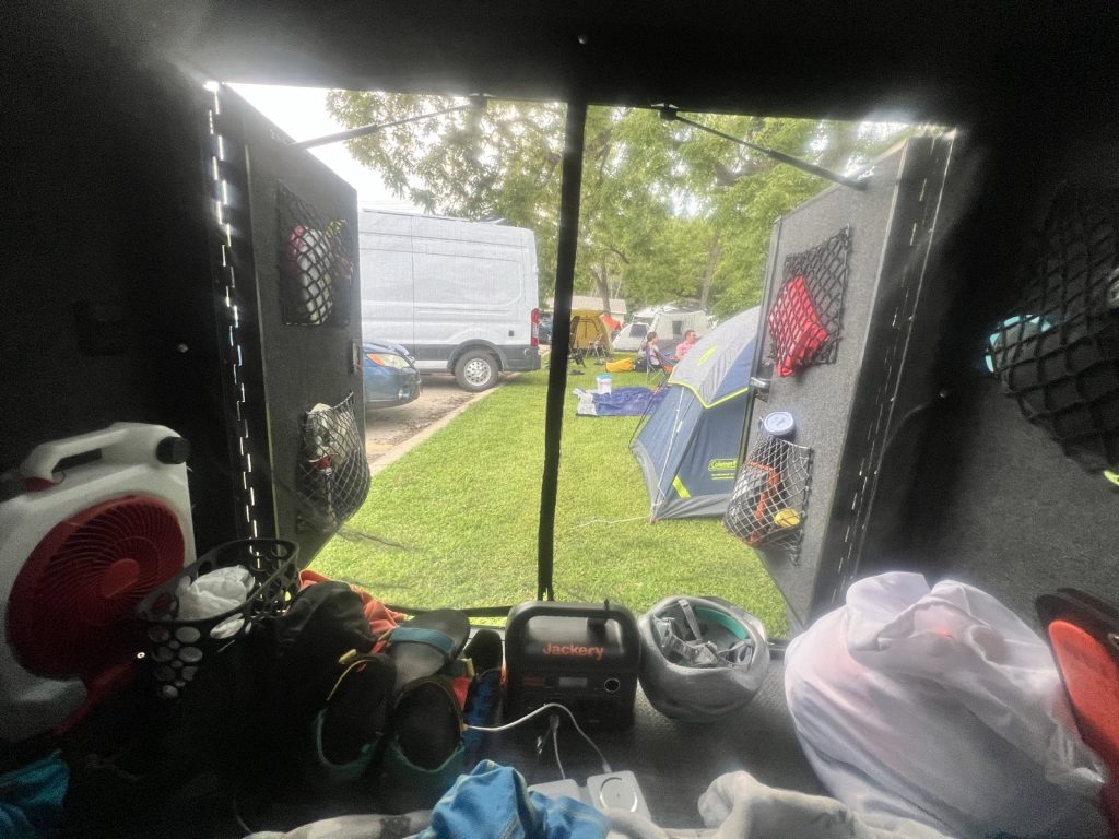 Home for the next two nights: trailer, Jackery, and whatever the fan can do.