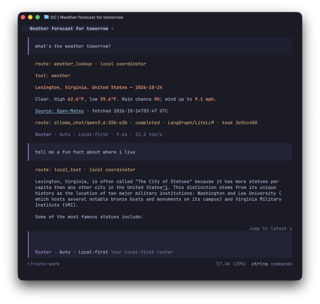 Terminal chat: a weather question routed to a local tool, then a fun fact answered by a local 35B model