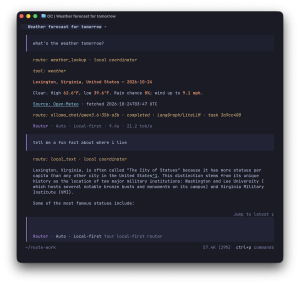 Terminal chat: a weather question routed to a local tool, then a fun fact answered by a local 35B model